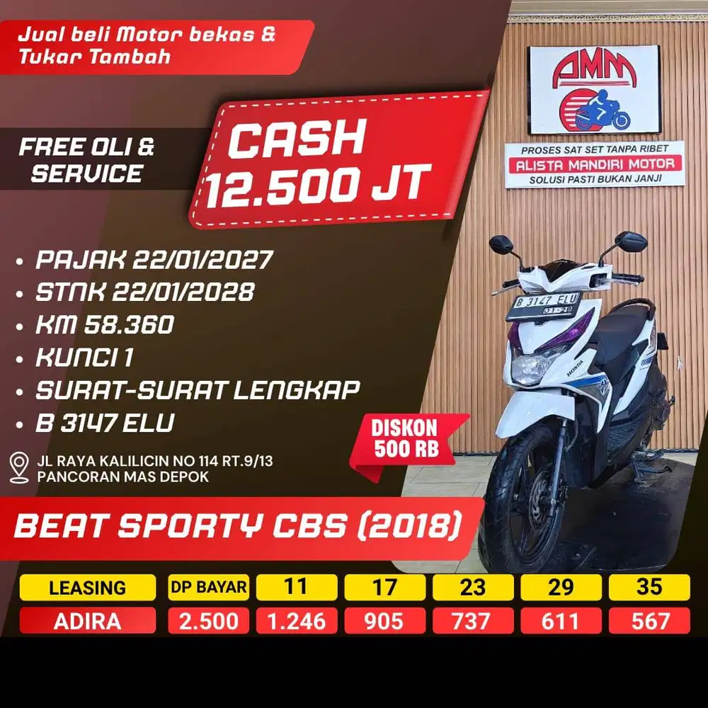 BEAT SPORTY CBS 2018 PAJAK HIDUP ANGSURAN 500 AN KREDIVO INDODANA