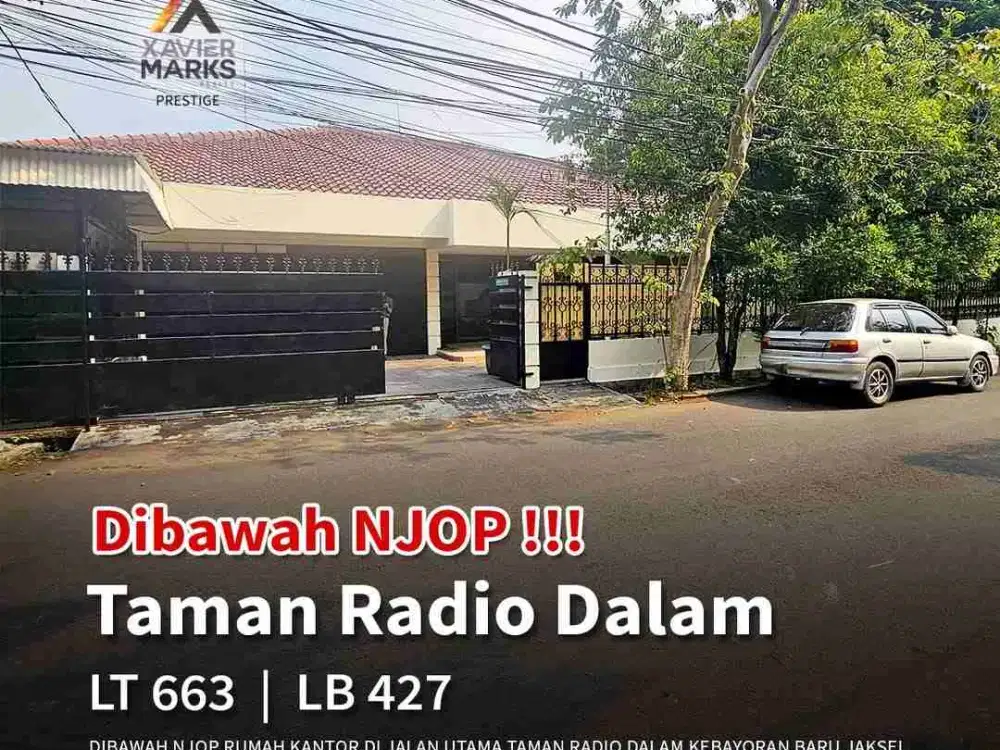 DIBAWAH NJOP Rumah Kantor di Jalan Utama Taman Radio Dalam
Kel.Gandaria Utara Kec.Kebayoran Baru Jaksel.

Luas tanah: 663m²
Dimensi: 24x25
Luas bangunan: 427m
Kamar Tidur: 4 + 1(ruang kerja)
Kamar mandi: 5
Kamar tidur art: 3 
Kamar mandi art: 1
-Ruang Mus