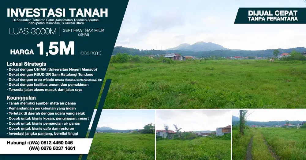 DIJUAL CEPAT TANAH PREMIUM DI TONDANO – POTENSI WISATA & KOMERSIAL