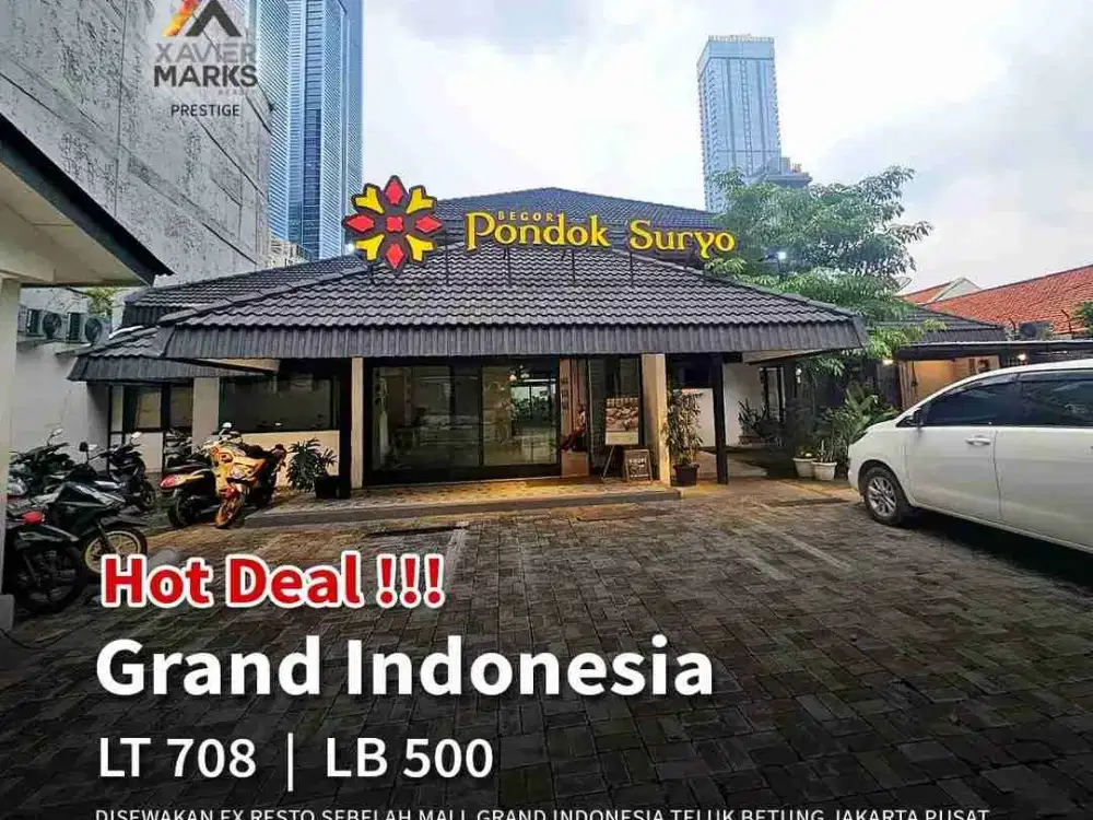 Disewakan ex resto sebelah Mall Grand Indonesia
Teluk betung jakarta pusat 

Luas tanah: 708m²
Luas bangunan: 500m
Bangunan: 2 lantai
Listrik : 33.000 watt 
Pam : Ada
Telp : 1 line 
Parkir mobil: 8-10 mobil
SHM

Harga sewa : 1,5 milyar/tahun (nego)
Minima