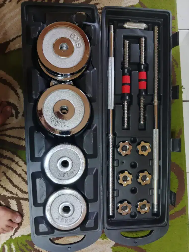 Barbell/dumbell set 50kg besi silver chrome