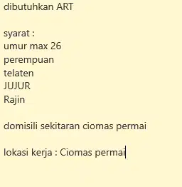 dibutuhkan ART harian PP segera. Asisten Rumah Tangga PP