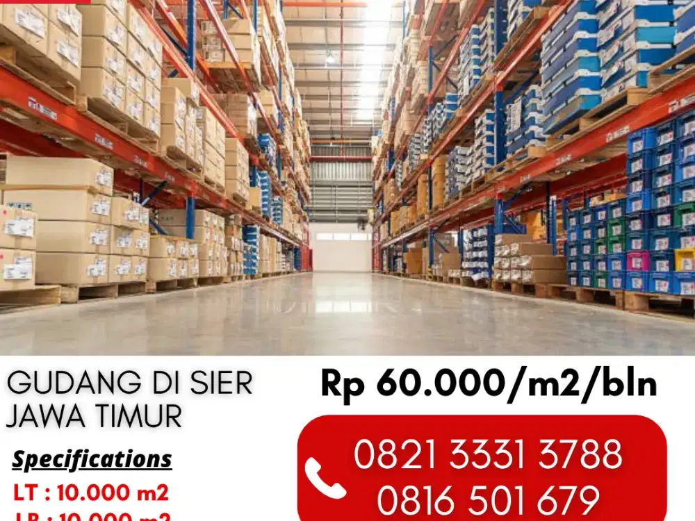 Disewakan Gudang Siap Bangun 10.000m2 di Berbek Industri Sidoarjo