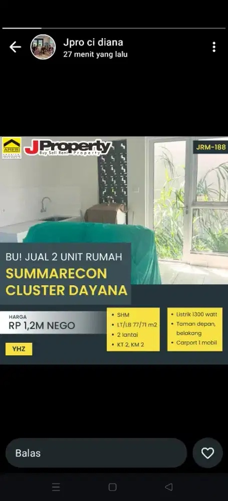 Bu jual Murah Cluster Dayana Sumarecon 1 M an termurah