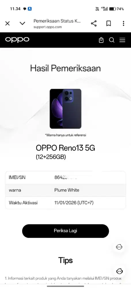 Oppo reno 13 5G ram 12 garansi on 2027