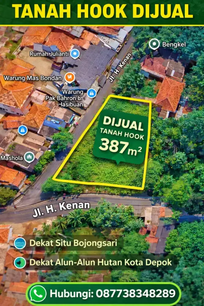 DIJUAL TANAH HOOK 387 m² – SAWANGAN,  KOTA DEPOK (tanpa perantara)