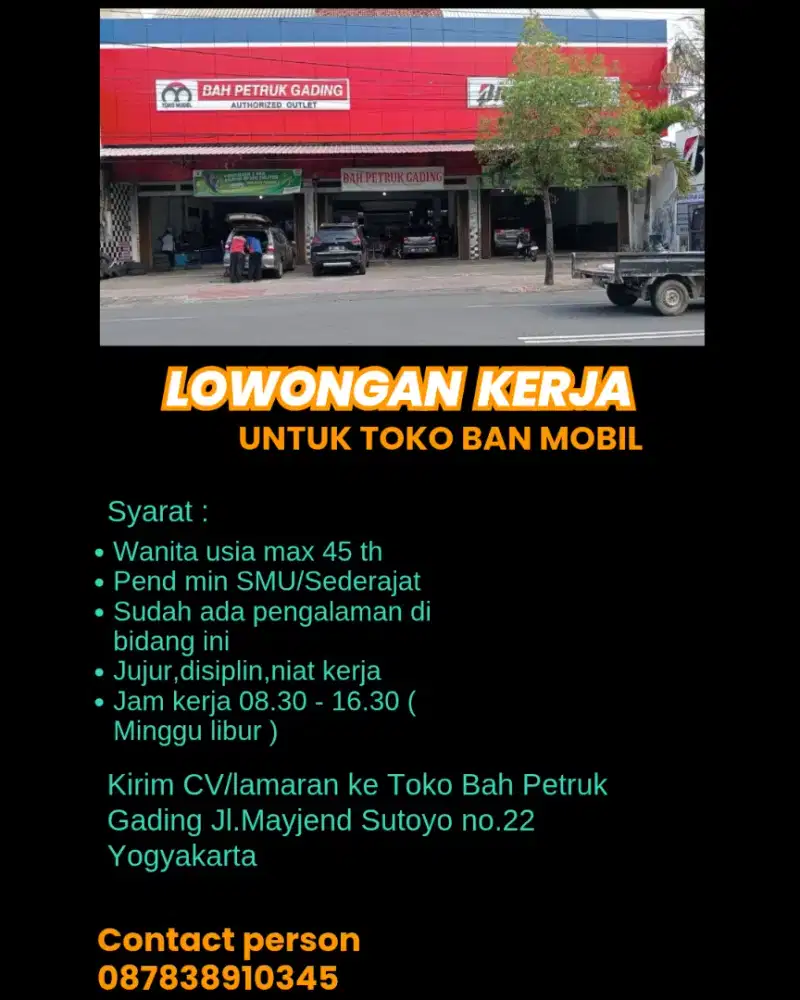 Dibutuhkan karyawati untuk toko ban mobil