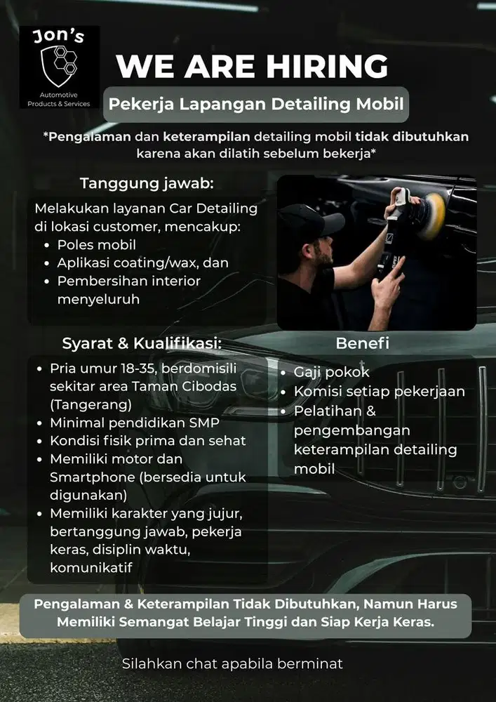 Pekerja Lapangan Detailing Mobil (Teknisi)