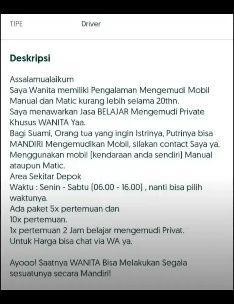 MENERIMA JASA BELAJAR MENGEMUDI MOBIL MANUAL/MATIC KHUSUS WANITA