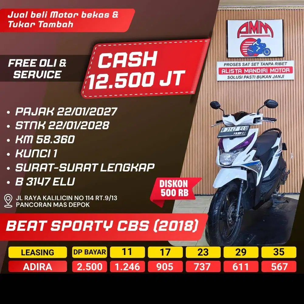 BEAT SPORTY CBS 2018 PAJAK HIDUP ANGSURAN 500 AN KREDIVO INDODANA