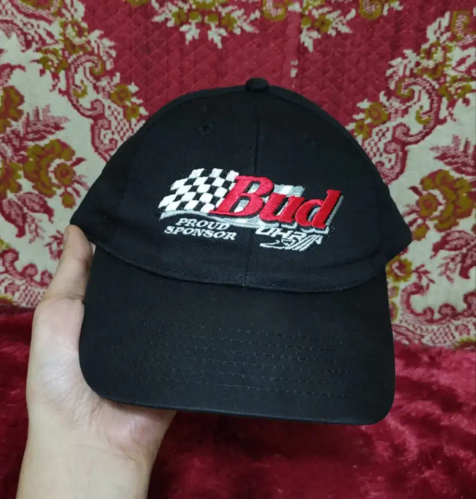 Topi Vintage Budweiser Racing Flag Hitam Ropehat Nascar Rope Hat