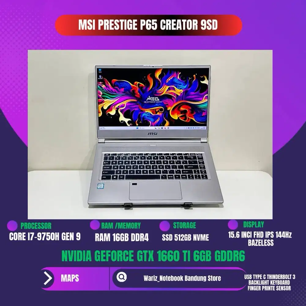 MSI PRESTIGE P65 CREATOR 9SD CORE I7-9750H NVIDIA GTX 1660 Ti 6GB