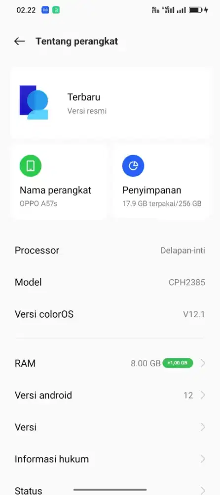 Oppo A57s ram  8/256