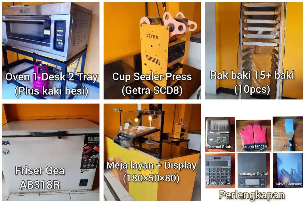Meja display/Oven Gas/Freezer/Cup sealer press/perlengkapan toko roti