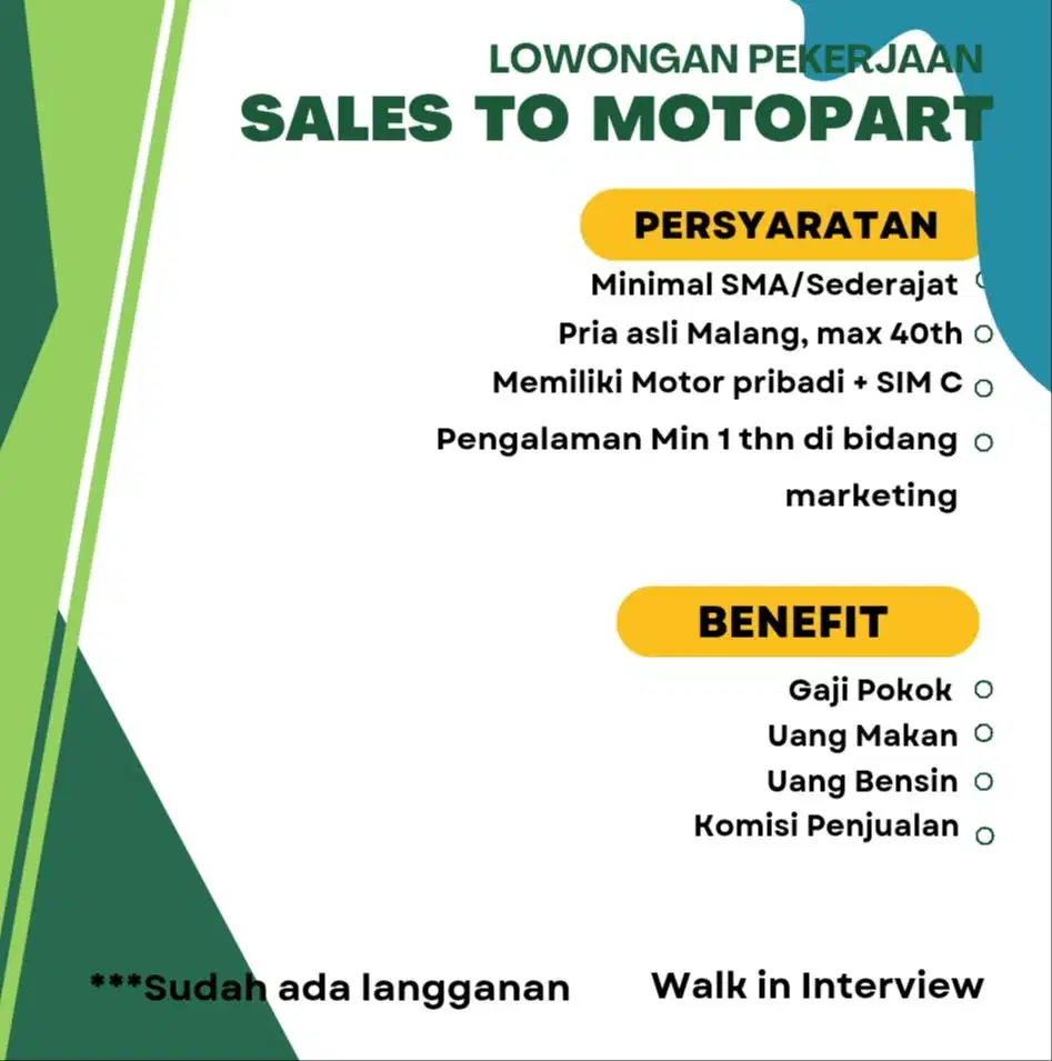 Dibutuhkan Sales Sparepart