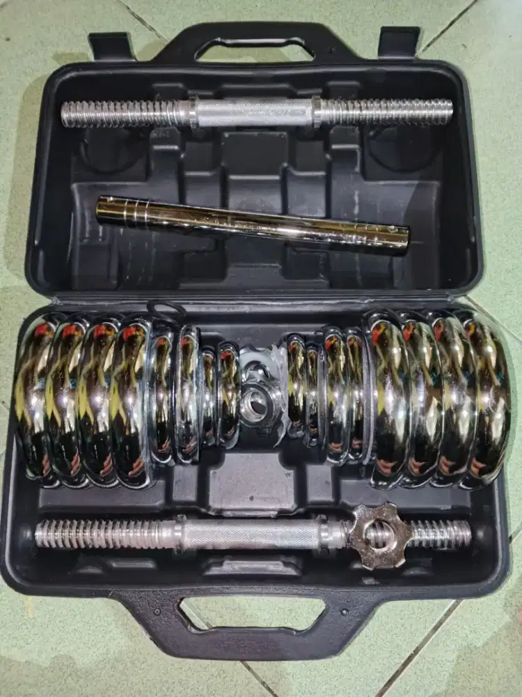 Dumbell/barbell set 30kg besi silver chrome