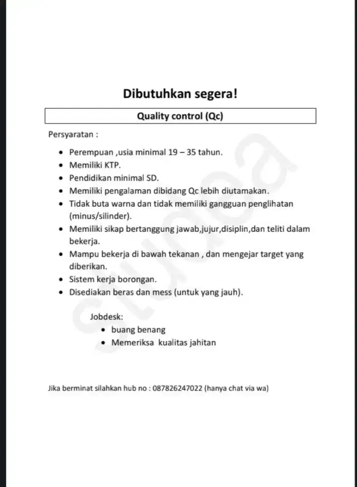 Dibutuhkan segera bagian QC (buang benang dll)