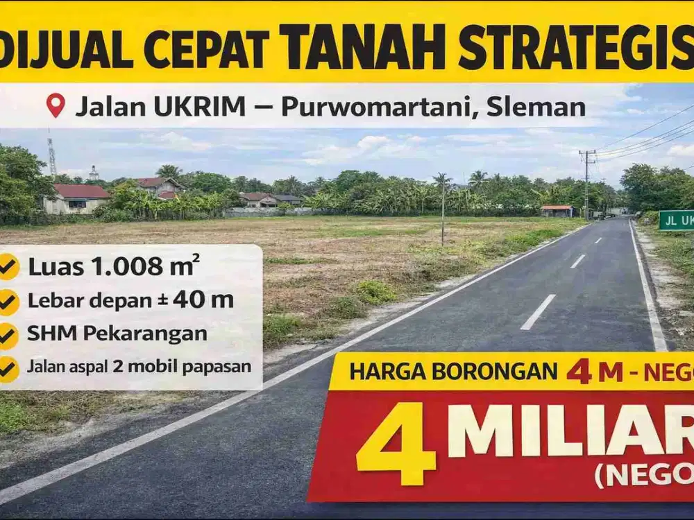 DIJUAL CEPAT TANAH STRATEGIS – JALAN UKRIM, YOGYAKARTA
Kesempatan langka memiliki tanah siap bangun di lokasi premium!