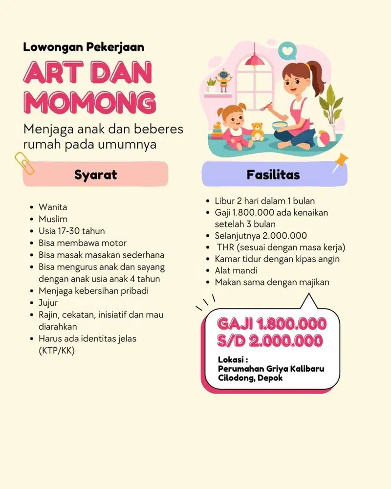 Dibutuhkan cepat ART dan Baby sitter MENGINAP, PP SKIP AJA.