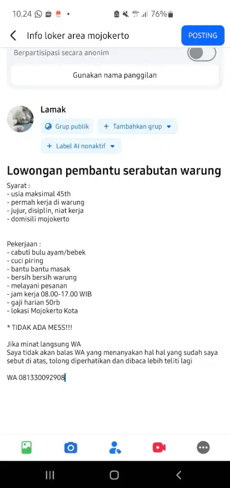 Dibutuhkan pembantu serabutan warung