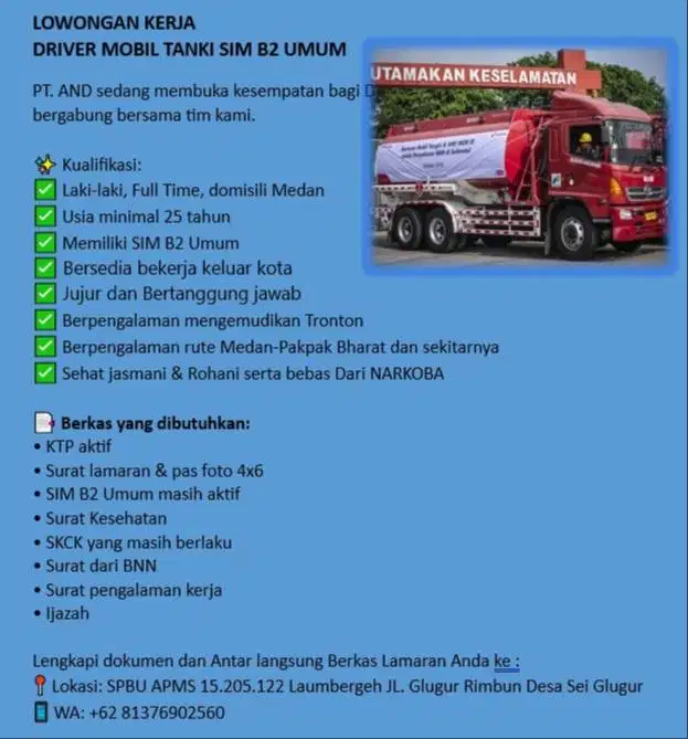 Loker Driver Mobil Tanki SIM B2 umum
