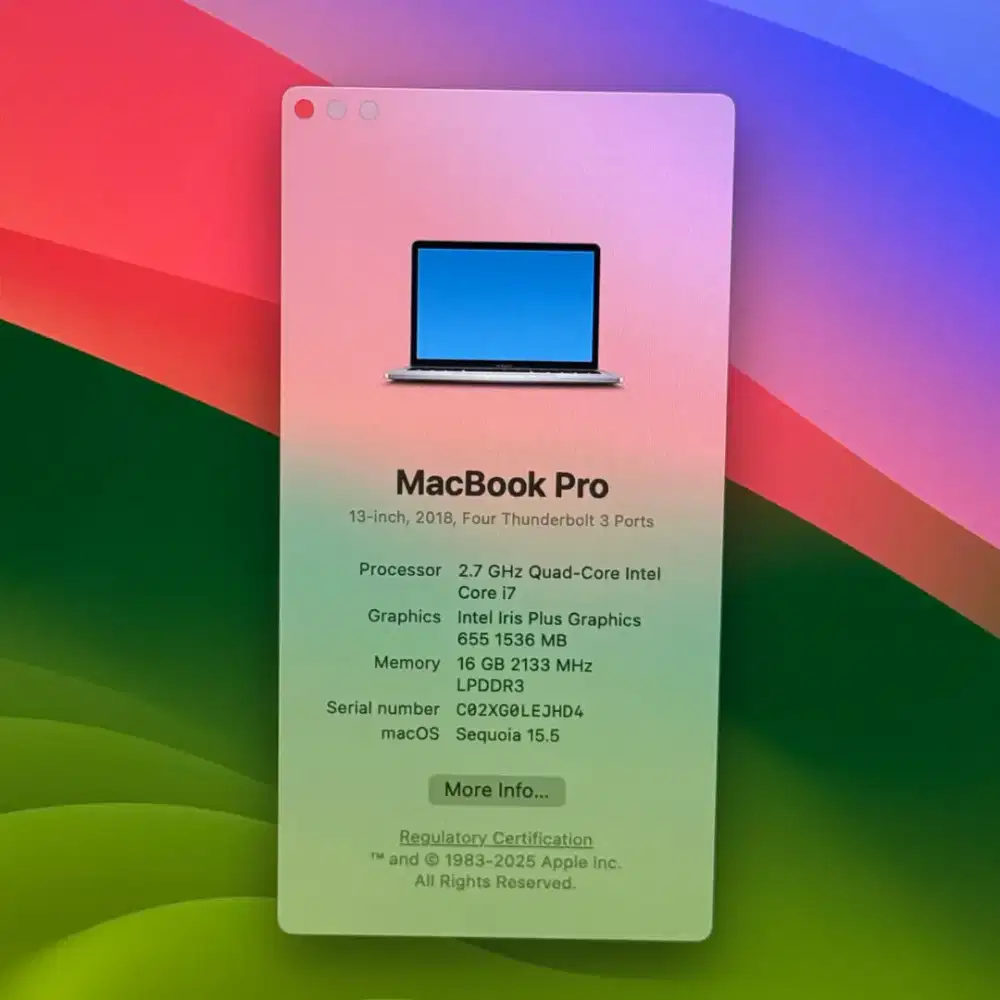 Macbook Pro 2018 Ram 16 Ssd 512 Layar 13 inch Core I7 Silver