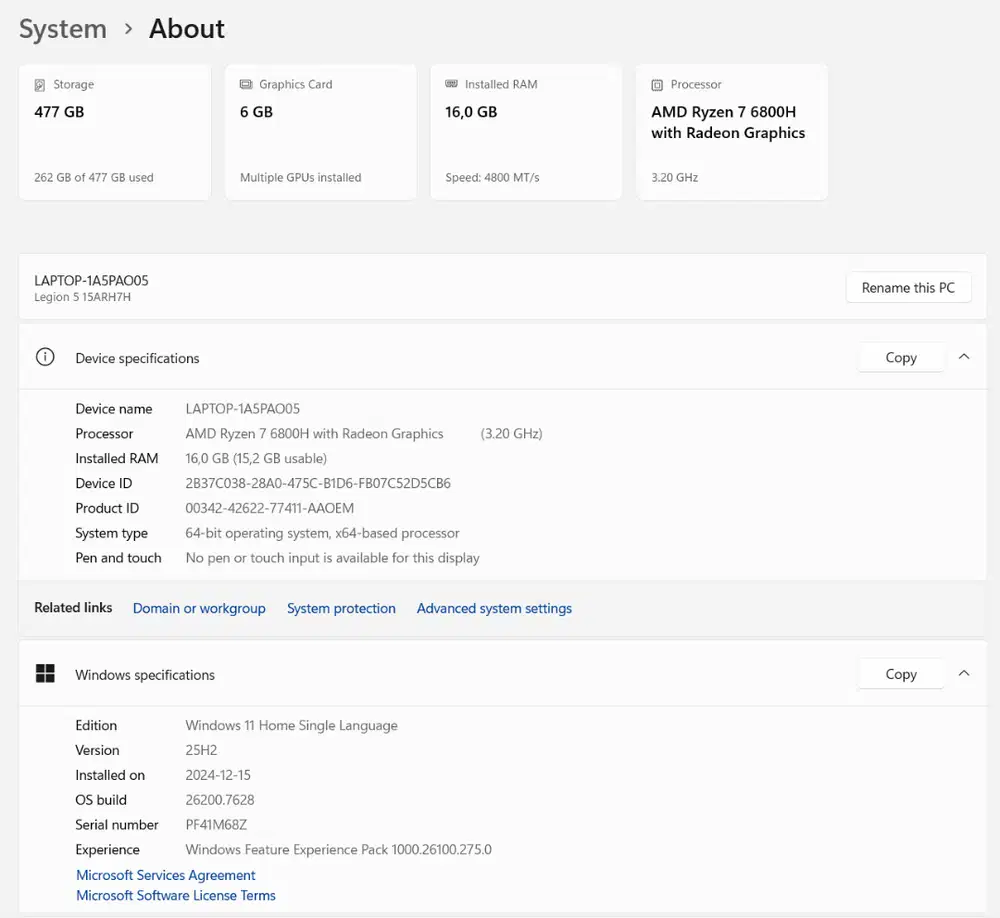 Jual Laptop LENOVO LEGION 5-15ARH7 16GB SSD 512GB VGA RTX3060