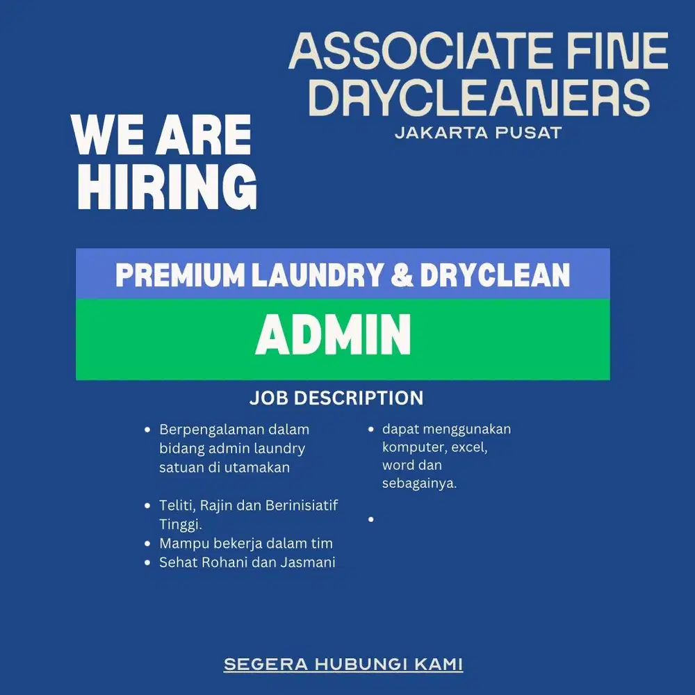 Lowongan untuk Admin Laundry dan Dryclean Satuan