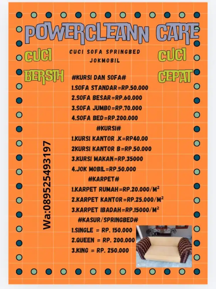 J4s4 cuci sofa springbed kasur jok mobil