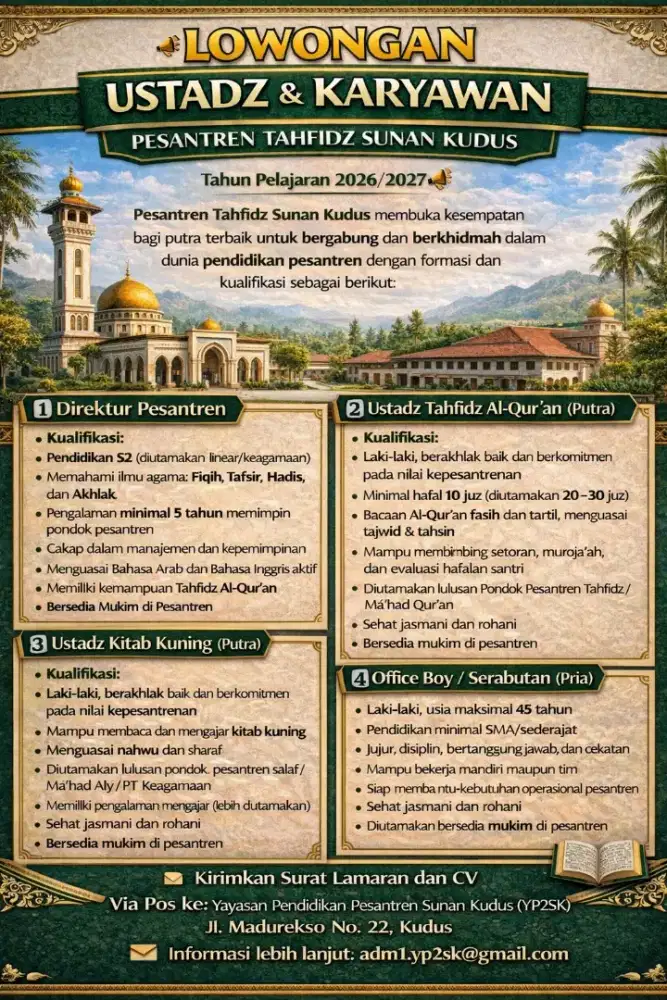 Lowongan Ustadz dan Karyawan Pondok Pesantren Tahfidz