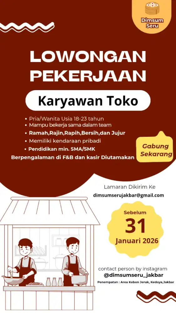 DICARI KARYAWAN TOKO DIMSUM