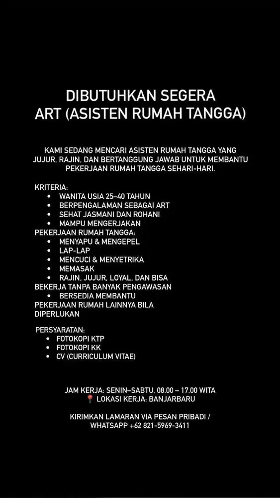 Di cari ART tidak nginap