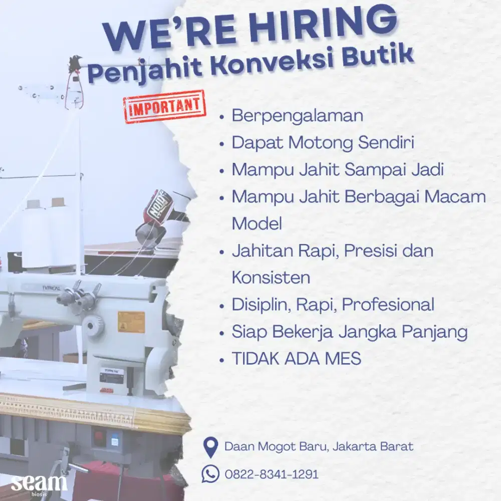 Lowongan Koveksi Butik Fashion Staff Jahit & Finishing