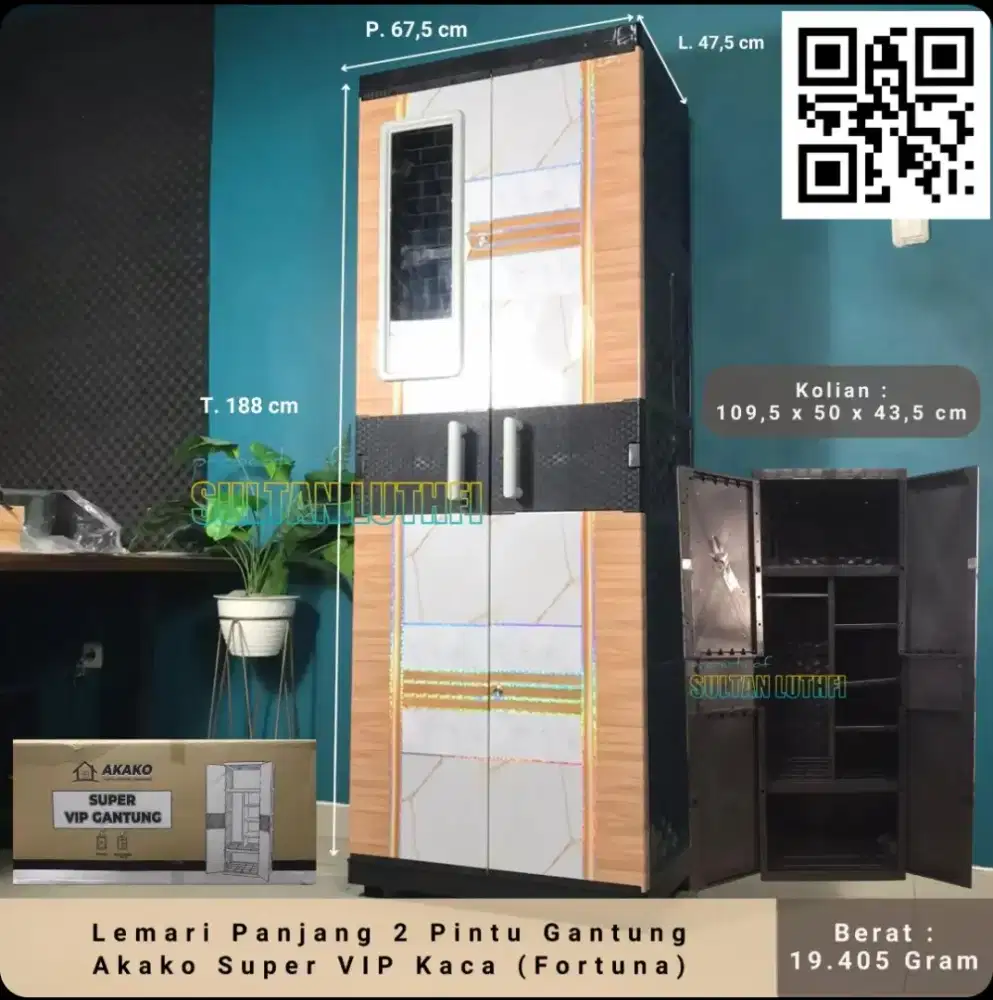 Lemari Panjang 2 Pintu Gantung Akako Super VIP Kaca