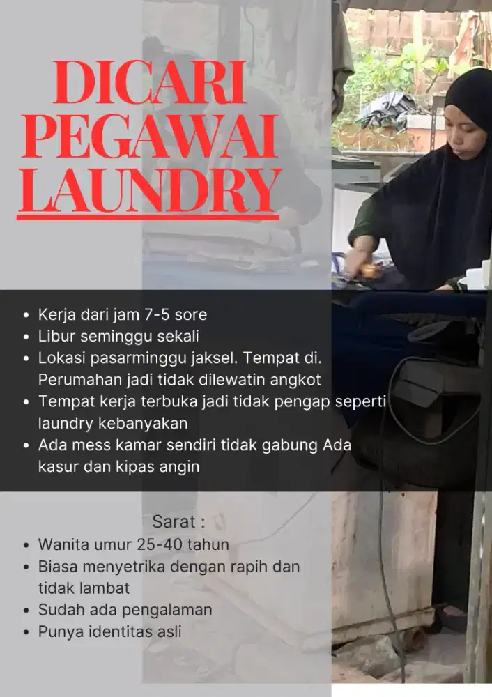 Dicari Pegawai laundry wanita