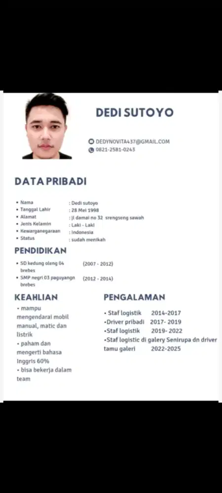 Lagi cari loker pribadi modal SIM A dn KTP dn paklaring