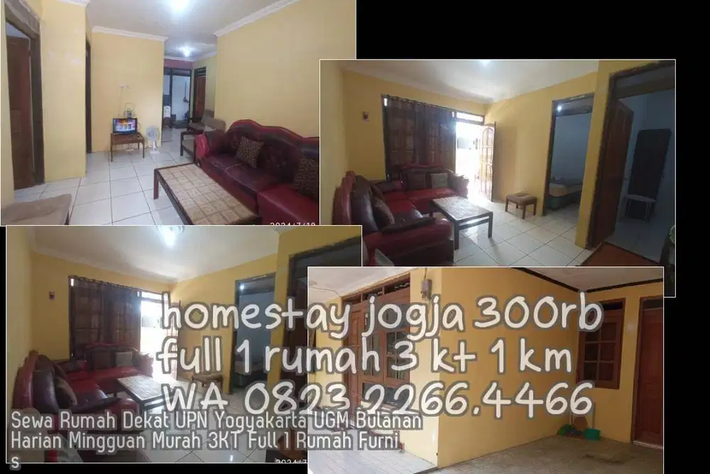 Sewa Rumah Dekat UPN Yogyakarta UGM Bulanan Harian Mingguan Murah 3KT