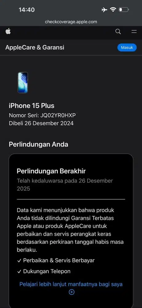 Iphone 15 Plus 128GB Ex. Garansi Resmi Digimap/Ibox