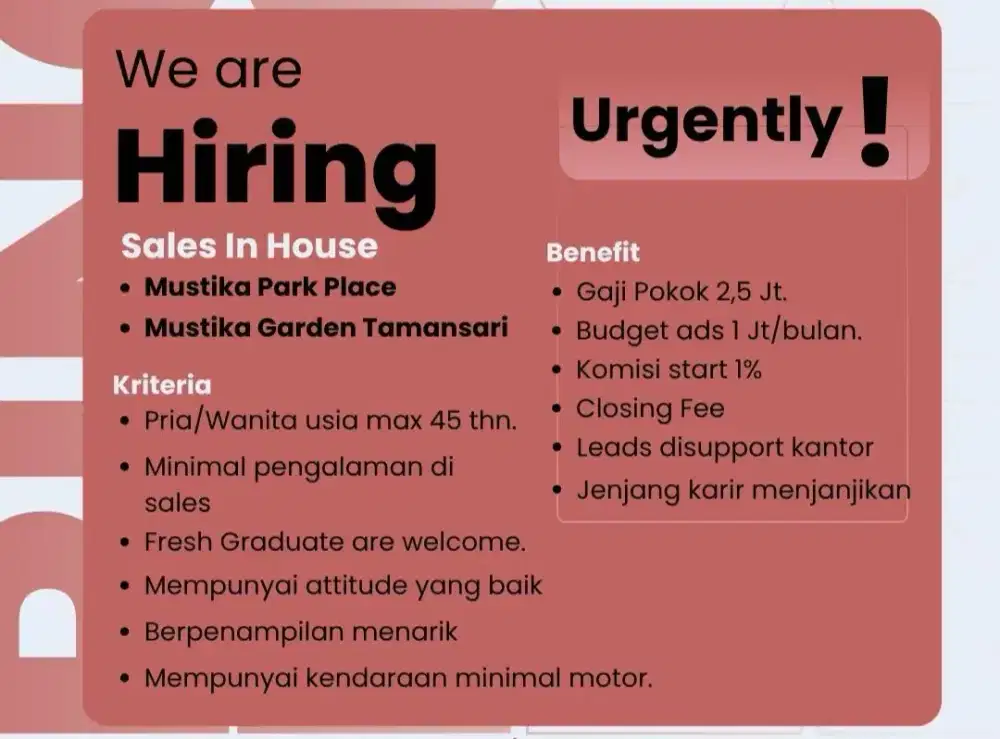 Dibutuhkan segera sales marketing inhouse Mustika Garden Tamansari