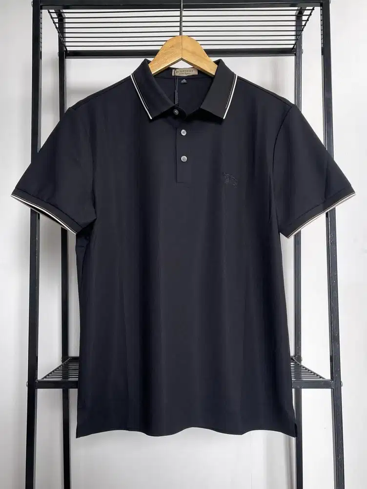 BURBERRY LONDON MEN EQUESTRIAN SLIM TIPPING BLACK POLO SHIRT (M)