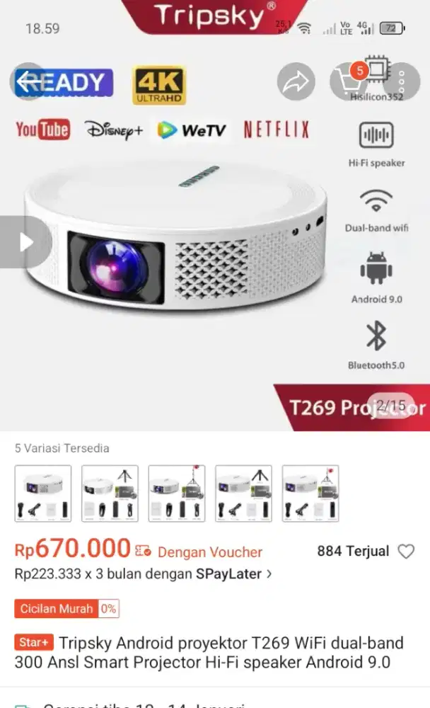 Proyektor Tripsky T269 Android Baru Segel Ram 2/16 Baru Fullset Nett