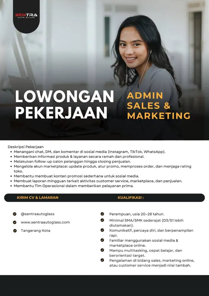 LOWONGAN KERJA : Admin Sales & Marketing KACA MOBIL