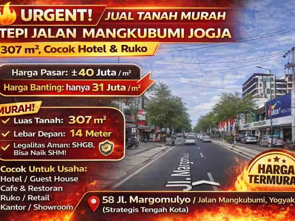 Jual Tanah Murah Tepi Jalan Mangkubumi Jogja – 307 m², Cocok Hotel & Ruko