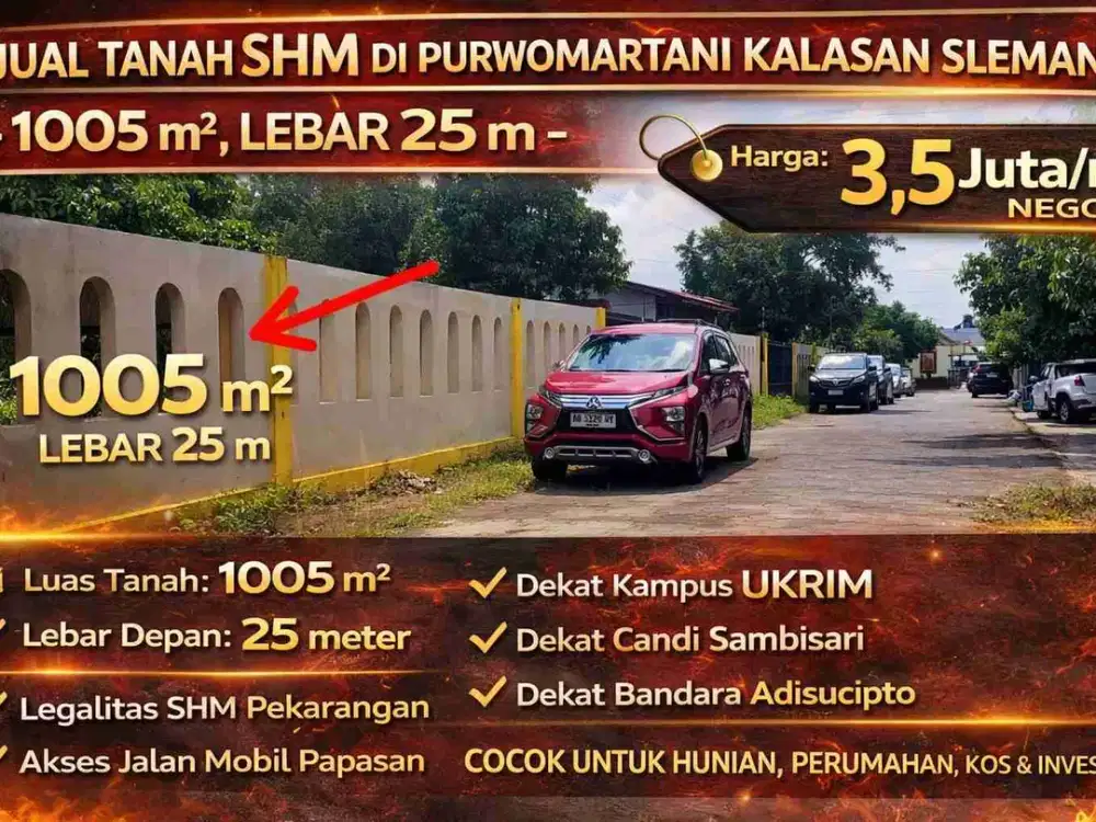 Jual Tanah SHM di Purwomartani Kalasan Sleman – 1005 m², Lebar 25 m