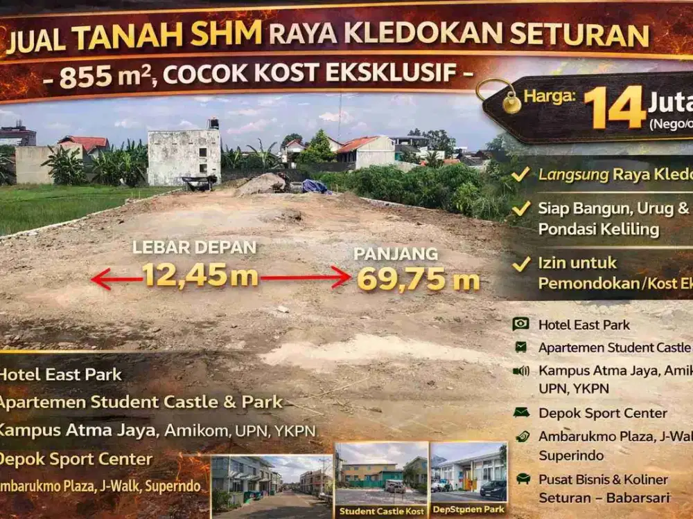Jual Tanah SHM Raya Kledokan Seturan – 855 m², Cocok Kost Eksklusif