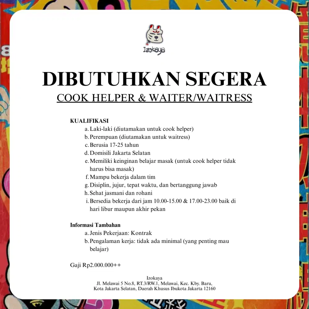 LOWONGAN RESTORAN JEPANG BLOK M