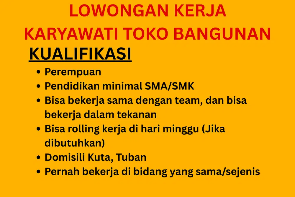 Lowongan Kerja Karyawati Toko Bangunan Bali Kuta