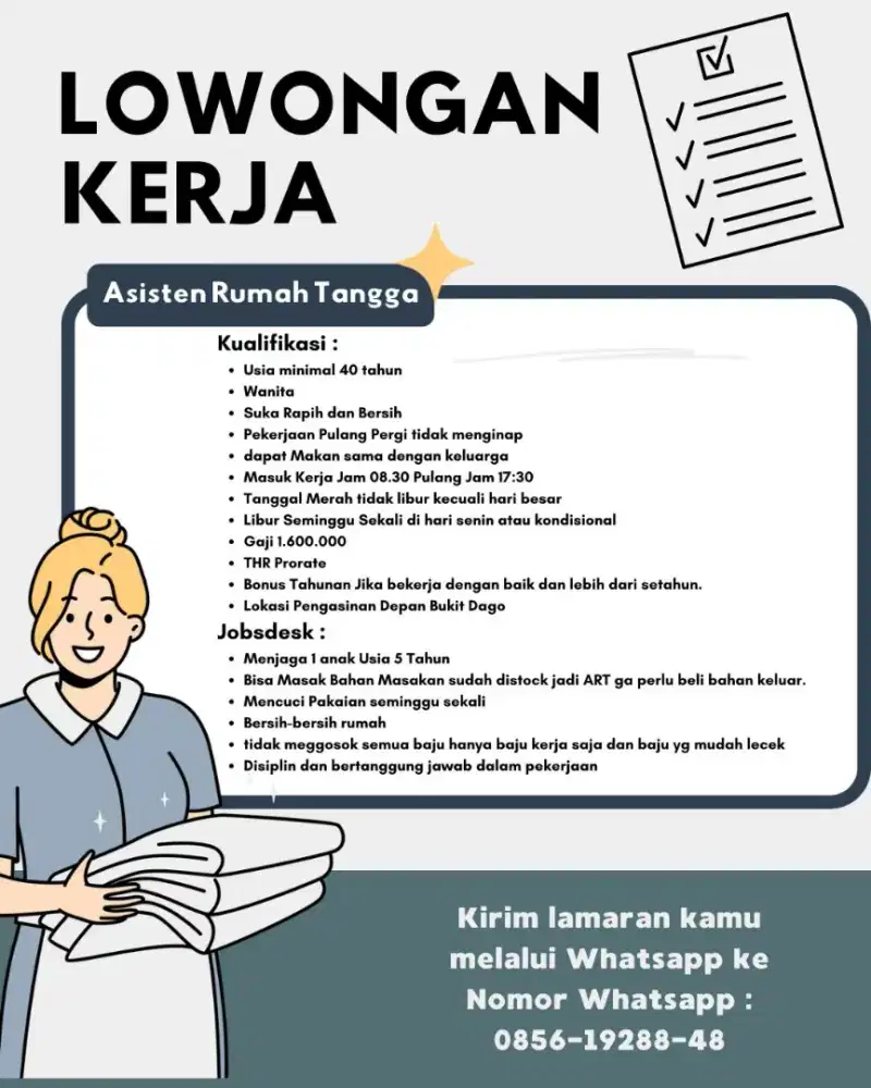 DICARI ART (Assisten Rumah Tangga) Segera