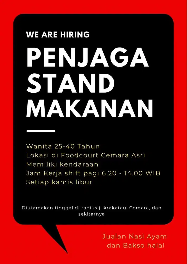 LOWONGAN KERJA PENJAGA STAND MAKANAN | PERSONAL ASISTEN
