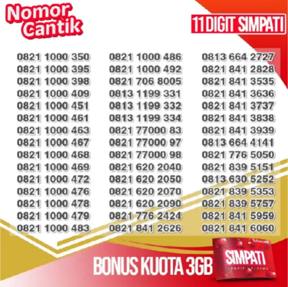 Cek Nomor Cantik Telkomsel SIMPATI 11 Digit 3GB Kuota Nasional Batch 7